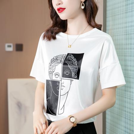 BY16992# 夏季新款重磅真丝纯棉拼接白色T恤宽松短袖印花圆领小衫  服裝批發女裝批發服飾貨源