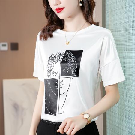 BY16992# 夏季新款重磅真丝纯棉拼接白色T恤宽松短袖印花圆领小衫  服裝批發女裝批發服飾貨源