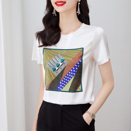 BY16993# 重磅仿缎面真丝新款数码印花宽松圆领韩版时尚T恤上衣  服裝批發女裝批發服飾貨源