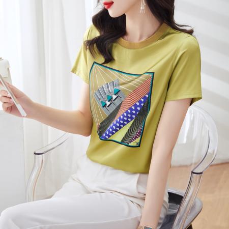 BY16993# 重磅仿缎面真丝新款数码印花宽松圆领韩版时尚T恤上衣  服裝批發女裝批發服飾貨源