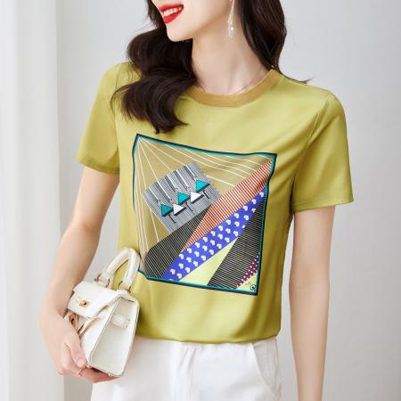 BY16993# 重磅仿缎面真丝新款数码印花宽松圆领韩版时尚T恤上衣  服裝批發女裝批發服飾貨源