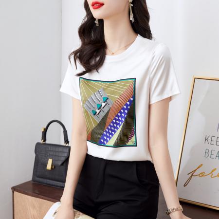 BY16993# 重磅仿缎面真丝新款数码印花宽松圆领韩版时尚T恤上衣  服裝批發女裝批發服飾貨源