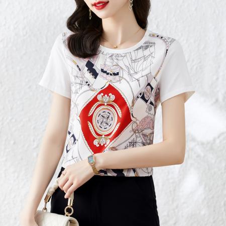 BY16994# 重磅缎面真丝新款数码印花宽松圆领韩版时尚T恤上衣  服裝批發女裝批發服飾貨源