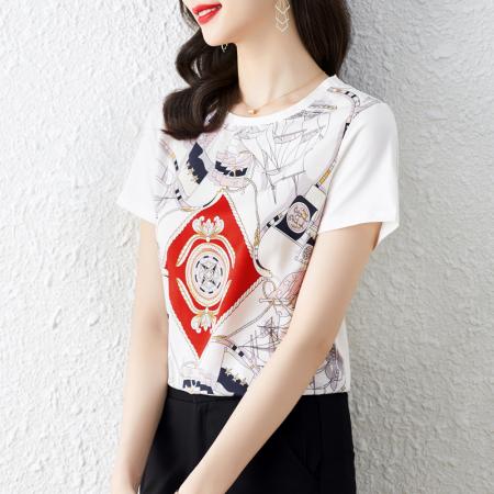 BY16994# 重磅缎面真丝新款数码印花宽松圆领韩版时尚T恤上衣  服裝批發女裝批發服飾貨源
