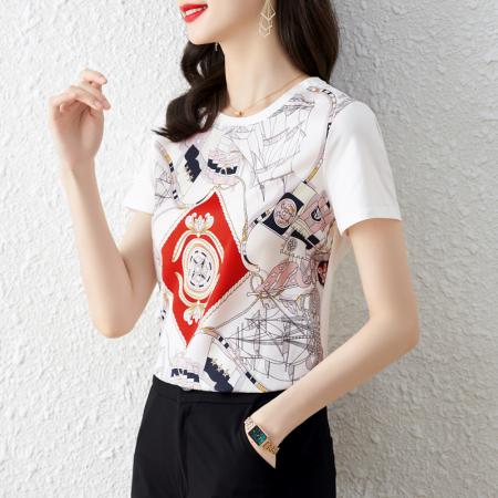 BY16994# 重磅缎面真丝新款数码印花宽松圆领韩版时尚T恤上衣  服裝批發女裝批發服飾貨源