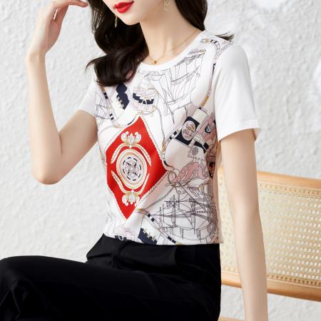 BY16994# 重磅缎面真丝新款数码印花宽松圆领韩版时尚T恤上衣  服裝批發女裝批發服飾貨源