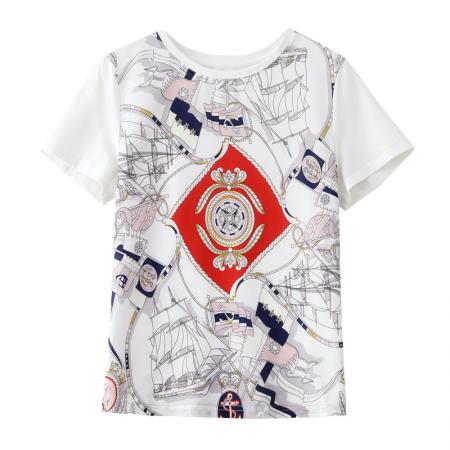 BY16994# 重磅缎面真丝新款数码印花宽松圆领韩版时尚T恤上衣  服裝批發女裝批發服飾貨源