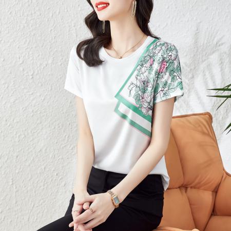 BY16995# 仿缎面上衣女短袖夏季新款显瘦印花真丝邹气质半袖T恤  服裝批發女裝批發服飾貨源