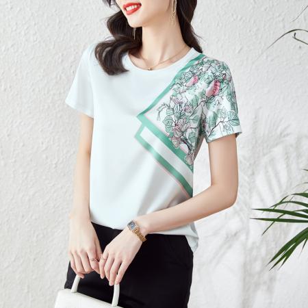 BY16995# 仿缎面上衣女短袖夏季新款显瘦印花真丝邹气质半袖T恤  服裝批發女裝批發服飾貨源