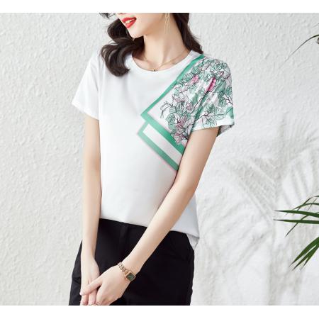 BY16995# 仿缎面上衣女短袖夏季新款显瘦印花真丝邹气质半袖T恤  服裝批發女裝批發服飾貨源