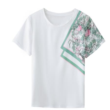BY16995# 仿缎面上衣女短袖夏季新款显瘦印花真丝邹气质半袖T恤  服裝批發女裝批發服飾貨源