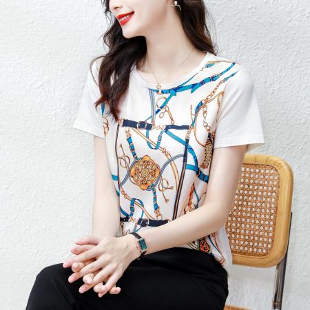 BY16996# 新款重磅真丝T恤宽松女短袖印花白色圆领小衫半袖上衣  服裝批發女裝批發服飾貨源