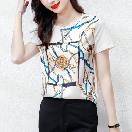 BY16996# 新款重磅真丝T恤宽松女短袖印花白色圆领小衫半袖上衣  服裝批發女裝批發服飾貨源