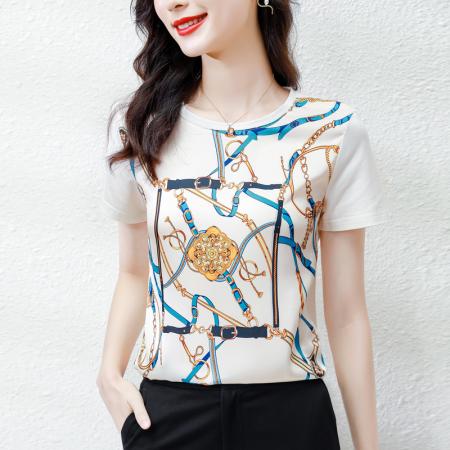 BY16996# 新款重磅真丝T恤宽松女短袖印花白色圆领小衫半袖上衣  服裝批發女裝批發服飾貨源