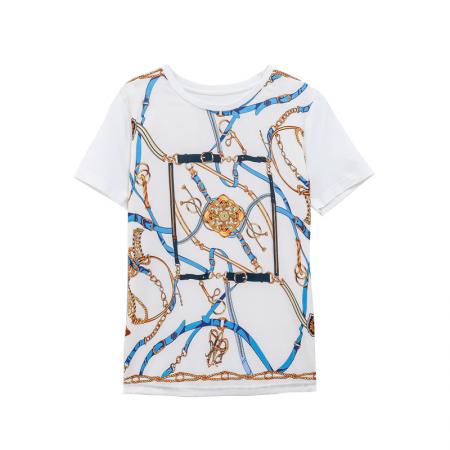 BY16996# 新款重磅真丝T恤宽松女短袖印花白色圆领小衫半袖上衣  服裝批發女裝批發服飾貨源