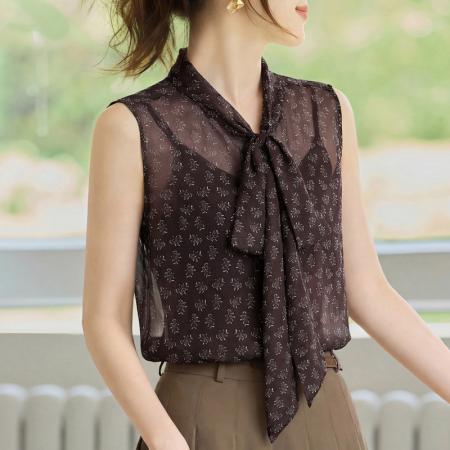 BY16997# 夏季新款系带两件套背心女气质印花无袖百搭上衣  服裝批發女裝批發服飾貨源