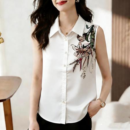 BY16998# 夏季新款复古印花百搭衬衫背心时尚气质女上衣  服裝批發女裝批發服飾貨源