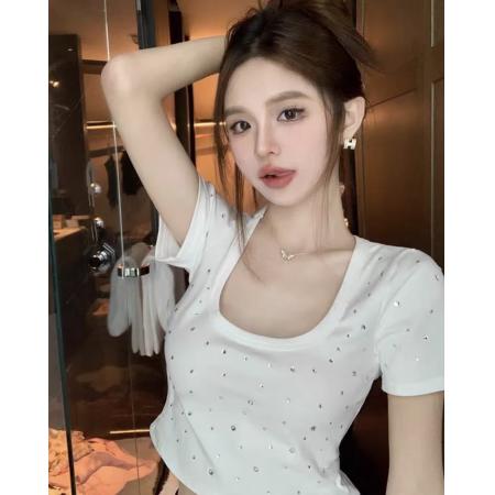 BY17000# 重工烫钻U领T恤女夏季新款甜辣短款洋气修身上衣  服裝批發女裝批發服飾貨源
