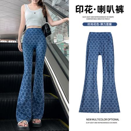 BY17002# 小个子印花仿牛仔蓝高腰提臀休闲裤运动微喇瑜伽裤喇叭牛仔裤  服裝批發女裝批發服飾貨源