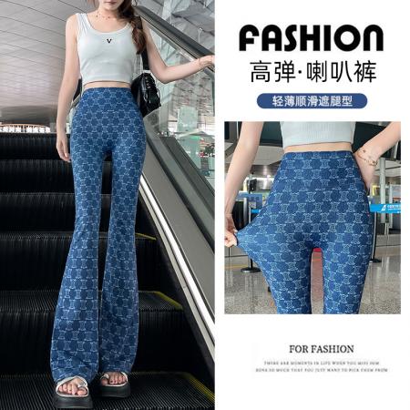 BY17002# 小个子印花仿牛仔蓝高腰提臀休闲裤运动微喇瑜伽裤喇叭牛仔裤  服裝批發女裝批發服飾貨源