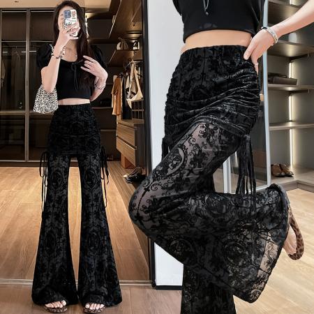 BY17006# 夏季新款韩版高腰显瘦垂感喇叭裤蕾丝屁帘喇叭裤  服裝批發女裝批發服飾貨源