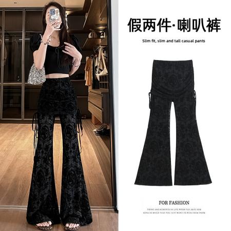BY17006# 夏季新款韩版高腰显瘦垂感喇叭裤蕾丝屁帘喇叭裤  服裝批發女裝批發服飾貨源