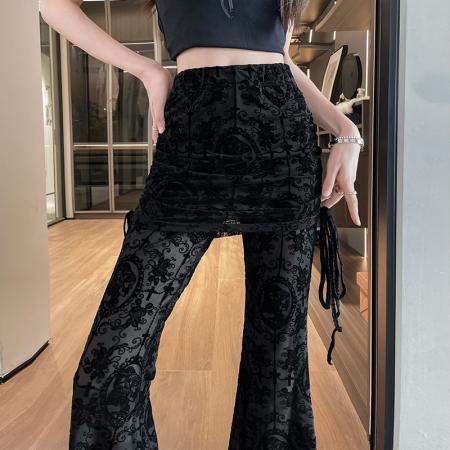 BY17006# 夏季新款韩版高腰显瘦垂感喇叭裤蕾丝屁帘喇叭裤  服裝批發女裝批發服飾貨源
