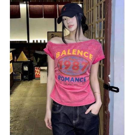 BY17012# 夏季新款韩系上衣超火超好看漂亮修身斜肩领印花短袖T恤女  服裝批發女裝批發服飾貨源