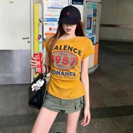 BY17012# 夏季新款韩系上衣超火超好看漂亮修身斜肩领印花短袖T恤女  服裝批發女裝批發服飾貨源