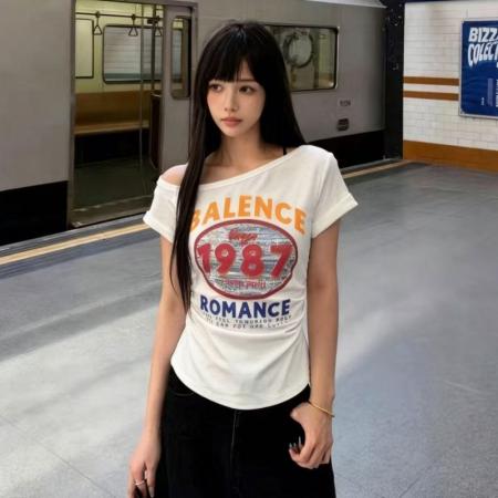 BY17012# 夏季新款韩系上衣超火超好看漂亮修身斜肩领印花短袖T恤女  服裝批發女裝批發服飾貨源