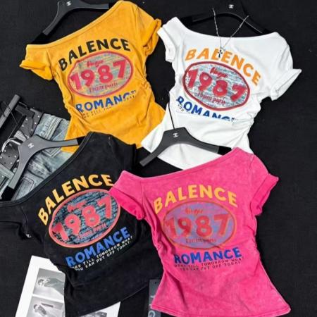 BY17012# 夏季新款韩系上衣超火超好看漂亮修身斜肩领印花短袖T恤女  服裝批發女裝批發服飾貨源