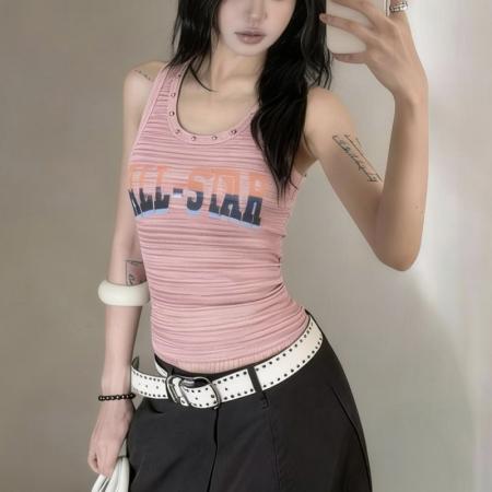BY17013# 美式复古铆钉字母印花背心女辣妹风夏季新款修身显瘦百搭吊带  服裝批發女裝批發服飾貨源