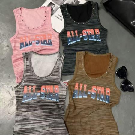 BY17013# 美式复古铆钉字母印花背心女辣妹风夏季新款修身显瘦百搭吊带  服裝批發女裝批發服飾貨源