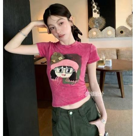 BY17014# 夏季新款韩版重工印花扎染圆领短袖T恤女修身短款洋气上衣潮  服裝批發女裝批發服飾貨源