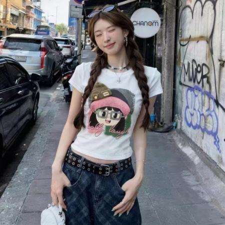 BY17014# 夏季新款韩版重工印花扎染圆领短袖T恤女修身短款洋气上衣潮  服裝批發女裝批發服飾貨源