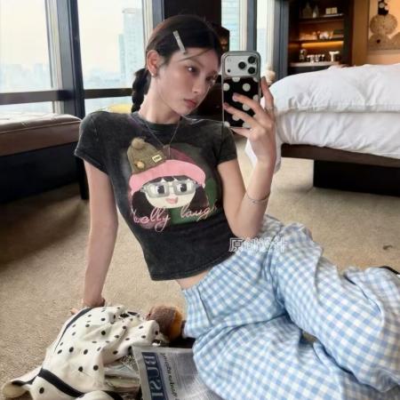 BY17014# 夏季新款韩版重工印花扎染圆领短袖T恤女修身短款洋气上衣潮  服裝批發女裝批發服飾貨源