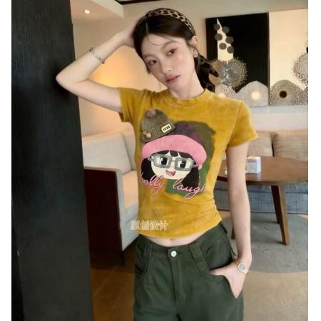 BY17014# 夏季新款韩版重工印花扎染圆领短袖T恤女修身短款洋气上衣潮  服裝批發女裝批發服飾貨源