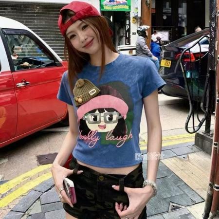 BY17014# 夏季新款韩版重工印花扎染圆领短袖T恤女修身短款洋气上衣潮  服裝批發女裝批發服飾貨源