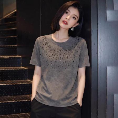 BY17015# 韩系轻奢风重工烫钻短袖T恤女夏季新款宽松显瘦圆领气质上衣  服裝批發女裝批發服飾貨源