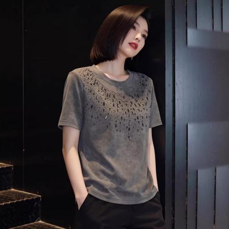 BY17015# 韩系轻奢风重工烫钻短袖T恤女夏季新款宽松显瘦圆领气质上衣  服裝批發女裝批發服飾貨源