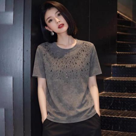 BY17015# 韩系轻奢风重工烫钻短袖T恤女夏季新款宽松显瘦圆领气质上衣  服裝批發女裝批發服飾貨源