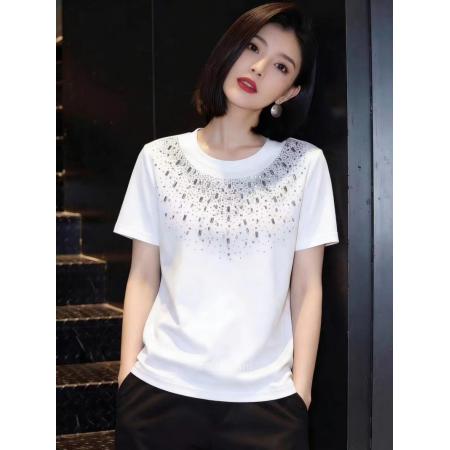 BY17015# 韩系轻奢风重工烫钻短袖T恤女夏季新款宽松显瘦圆领气质上衣  服裝批發女裝批發服飾貨源