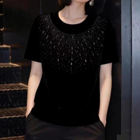 BY17015# 韩系轻奢风重工烫钻短袖T恤女夏季新款宽松显瘦圆领气质上衣  服裝批發女裝批發服飾貨源