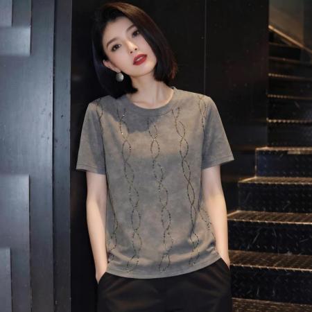 BY17016# 夏季新款韩系高级感扎染烫钻亮片短袖t恤女正肩百搭显瘦上衣  服裝批發女裝批發服飾貨源