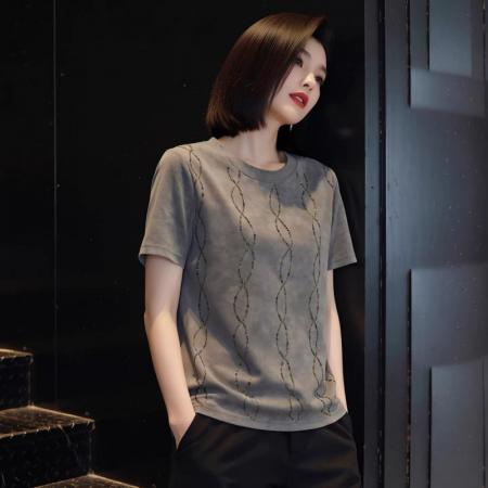 BY17016# 夏季新款韩系高级感扎染烫钻亮片短袖t恤女正肩百搭显瘦上衣  服裝批發女裝批發服飾貨源