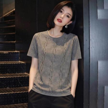 BY17016# 夏季新款韩系高级感扎染烫钻亮片短袖t恤女正肩百搭显瘦上衣  服裝批發女裝批發服飾貨源