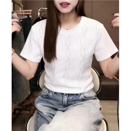 BY17016# 夏季新款韩系高级感扎染烫钻亮片短袖t恤女正肩百搭显瘦上衣  服裝批發女裝批發服飾貨源