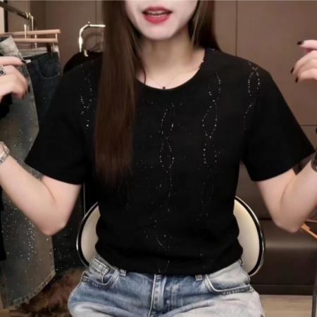 BY17016# 夏季新款韩系高级感扎染烫钻亮片短袖t恤女正肩百搭显瘦上衣  服裝批發女裝批發服飾貨源
