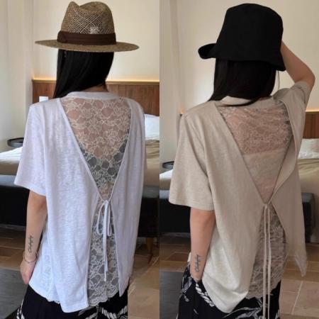 BY17017# 韩版时尚设计感假两件蕾丝拼接短袖T恤女新款休闲露背上衣潮  服裝批發女裝批發服飾貨源