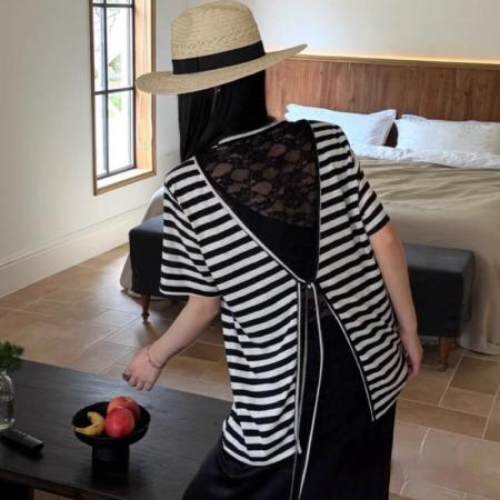 BY17017# 韩版时尚设计感假两件蕾丝拼接短袖T恤女新款休闲露背上衣潮  服裝批發女裝批發服飾貨源